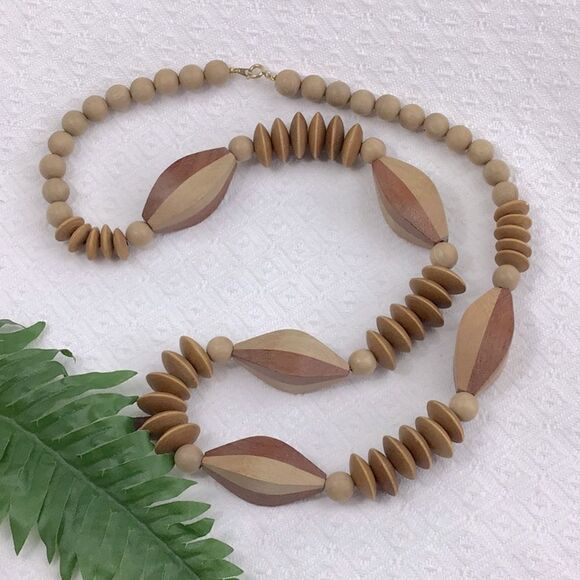 Natural Wood Bead Geometric Necklace - Picture 1 of 9